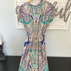 Very long maxi dress. I’m 5’10 and this touches the ground for me!